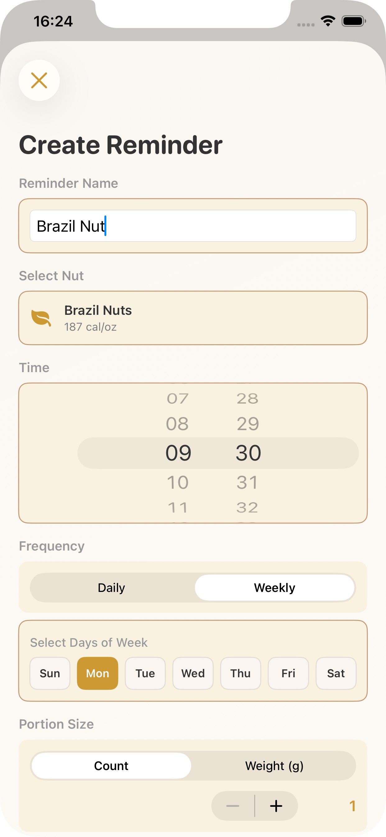 NutCase app creating a smart reminder for healthy nut snacks