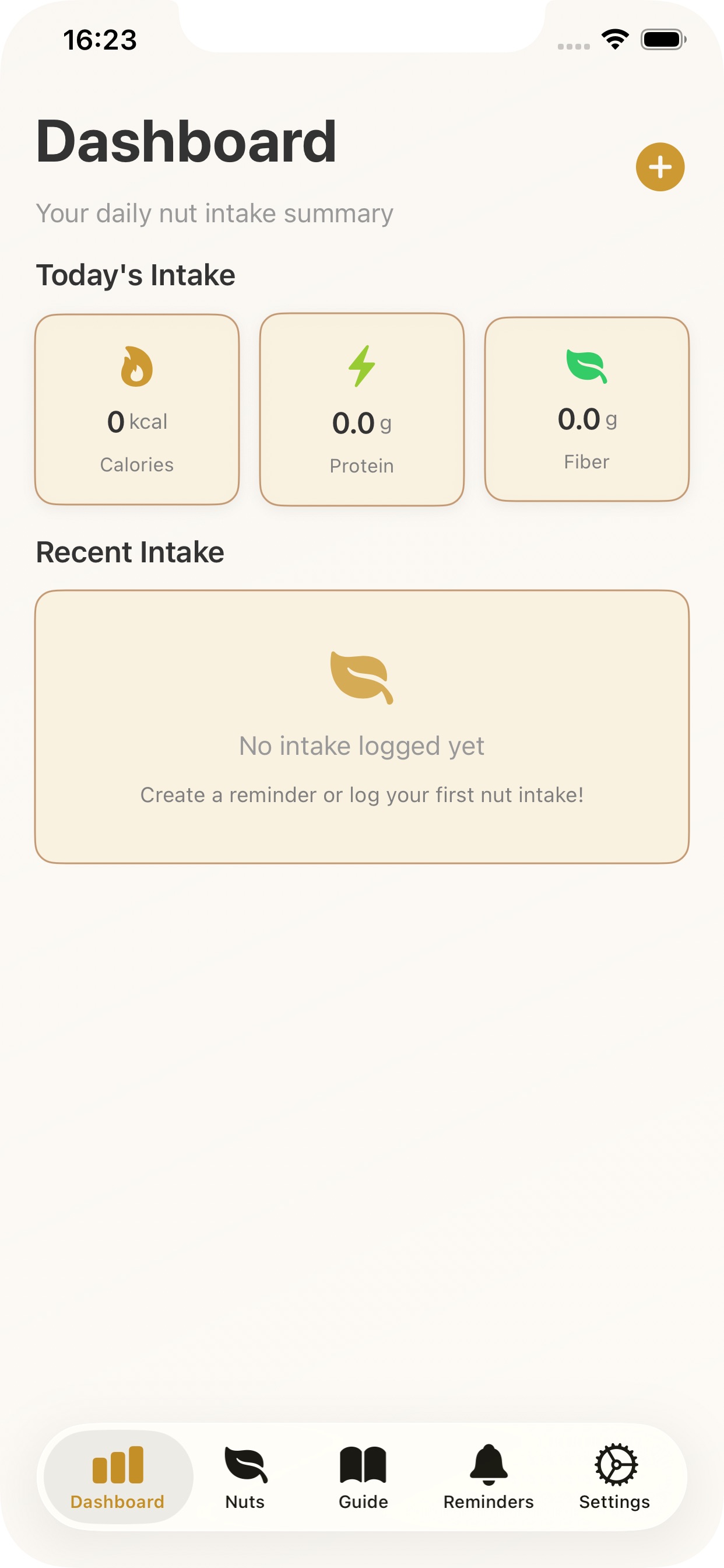 NutCase nut nutrition tracker dashboard showing daily intake summary
