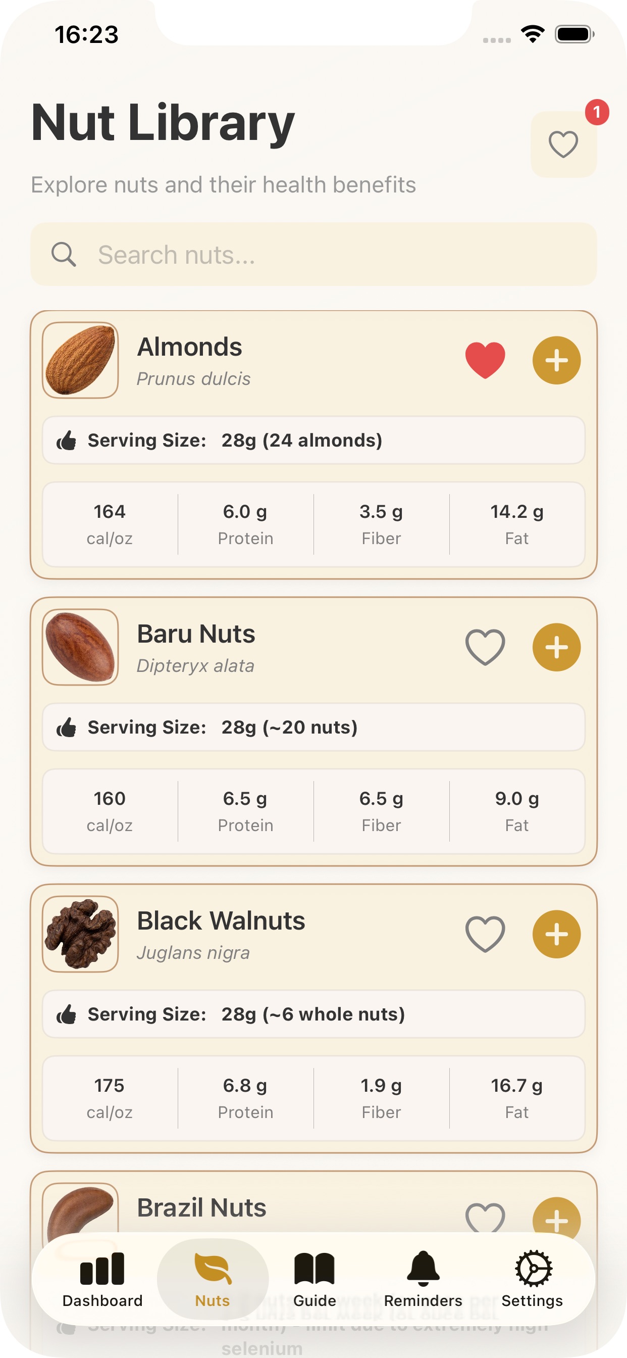 NutCase nut library with nutrition facts for almonds walnuts and more